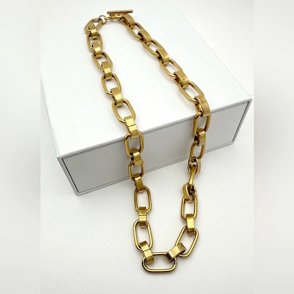 Paperclip Chain 14K Gold Stainless Steel Necklace with Toggle Closure